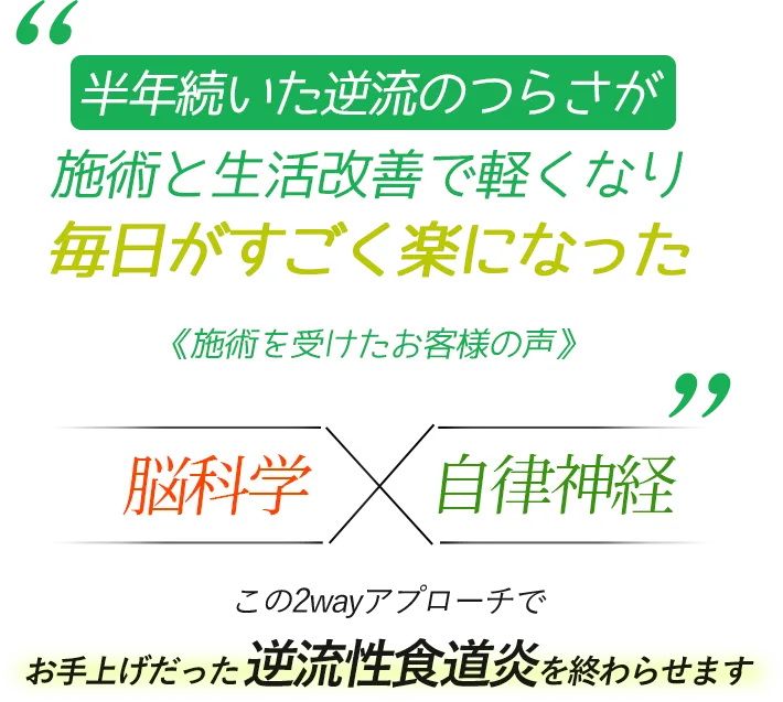 半年続いた逆流のつらさが 施術と生活改善で軽くなり 毎日がすごく楽になった 《施術を受けたお客様の声》　脳科学×自律神経　この2wayアプローチでお手上げだった逆流性食道炎を終わらせます