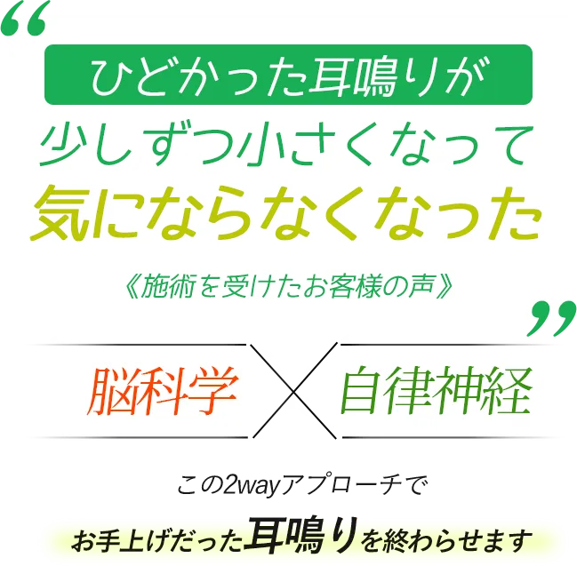 ひどかった耳鳴りが少しずつ小さくなって気にならなくなった 《施術を受けたお客様の声》 脳科学×自律神経　この2wayアプローチでお手上げだった耳鳴りを終わらせます