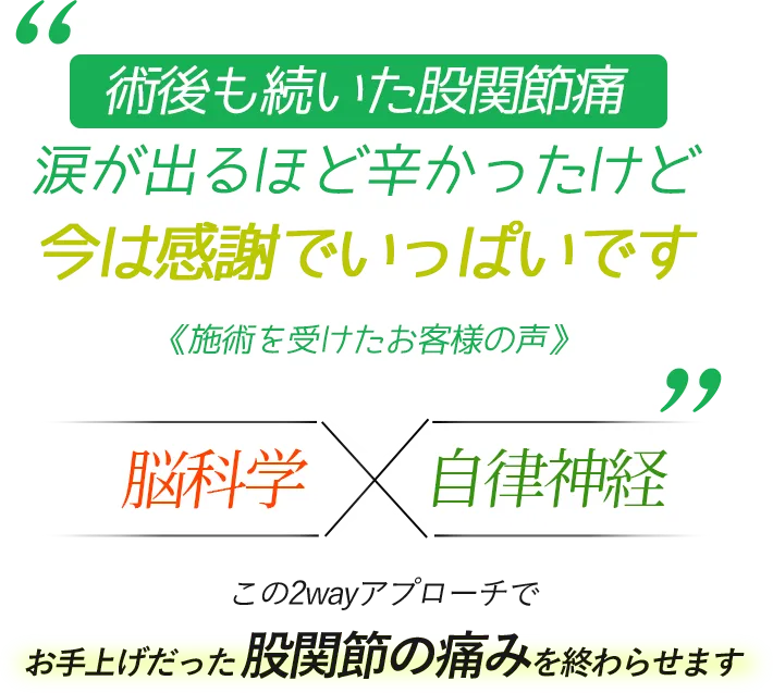 術後も続いた股関節痛 涙が出るほど辛かったけど 今は感謝でいっぱいです 《施術を受けたお客様の声》 脳科学×自律神経　この2wayアプローチでお手上げだった股関節の痛みを終わらせます
