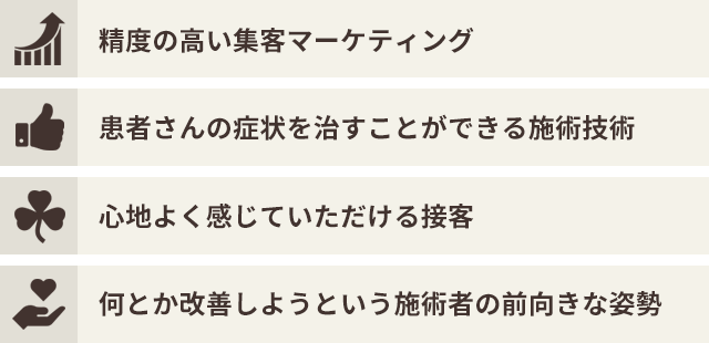 精度の高い集客マーケティング　患者さんの症状を治すことができる施術技術　心地よく感じていただける接客　何とか改善しようという施術者の前向きな姿勢