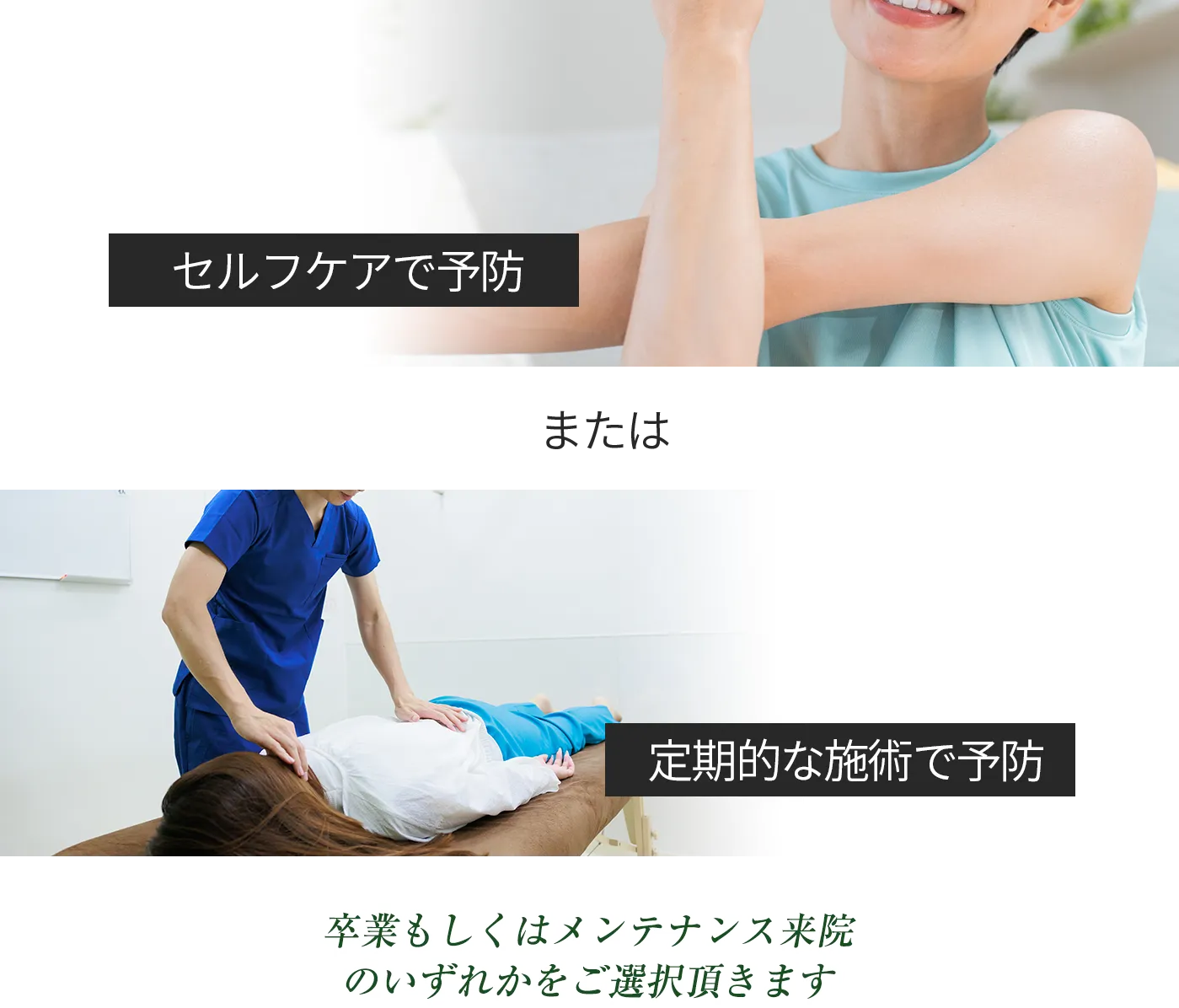 セルフケアで予防または定期的な施術で予防　卒業もしくはメンテナンス来院のいずれかをご選択頂きます。